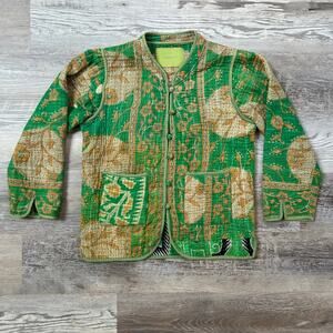 Rapsodia Green Floral Kantha Quilt Jacket Boho Patchwork Handmade Style S/M